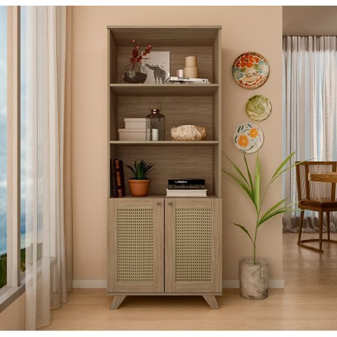 Estante 2 Portas com Pintura Palha, Livreiro Multiuso Trama Marrom/Carvalho