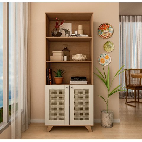 Estante Multiuso 3 Nichos, 2 Portas com Pintura 3D Palha Trama Artely Marrom/Cinamomo
