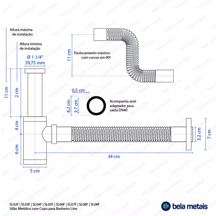 Sifão Metálico Flexível com Copo para Banheiro Line Preto para Válvula de 1.1/4" - 7