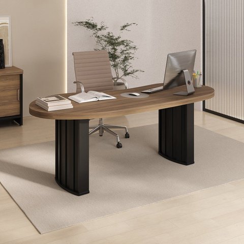 Escrivaninha Mesa Escritório com Curvas Orgânicas, Pés Ripados e 200cm Tampo Tamburato Diretor 2 Metros Marrom Artany