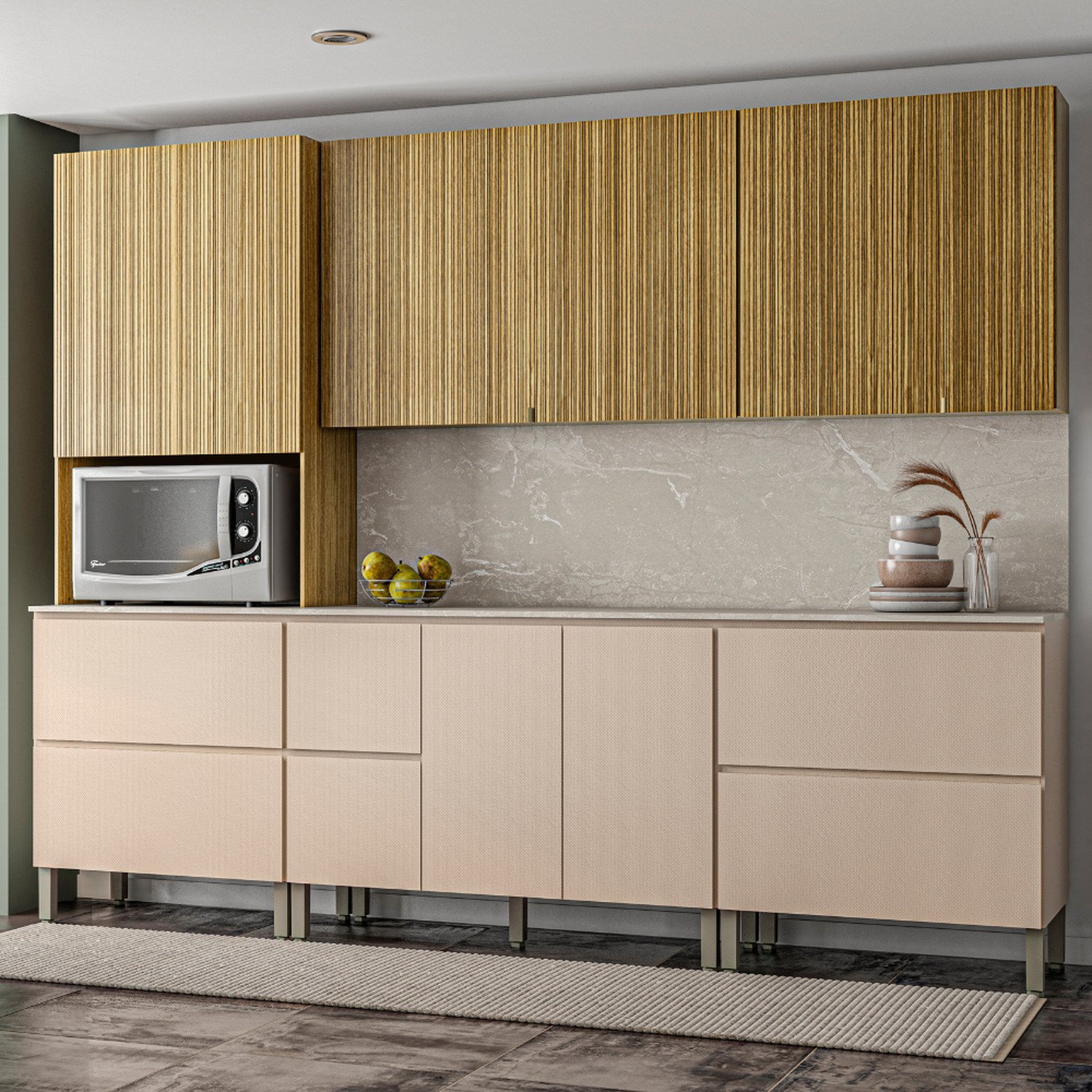 Cozinha Modulada Completa 7 peças 9 Portas 4 Gavetas Balcão com Tampo e Painel Art