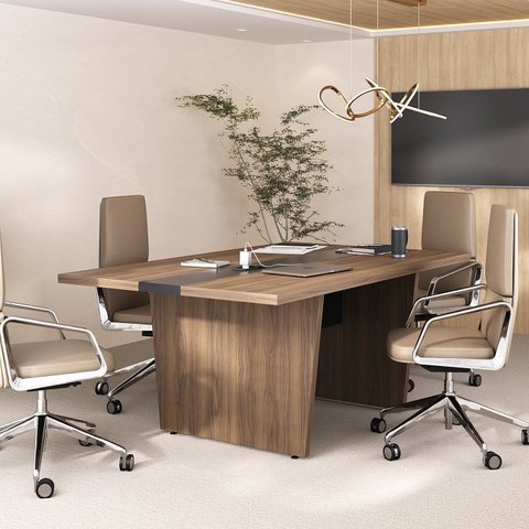 Mesa de Reunião Modular para Escritório em Tamburato 50mm com Caixa de Tomada Marrom/Nogal/Preto Artany