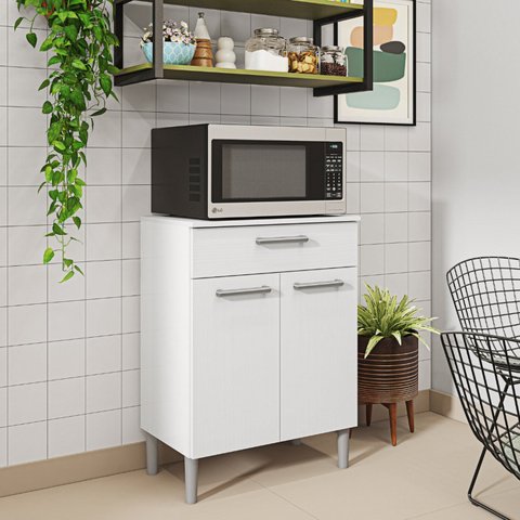 Balcão Multiuso para Microonda 60cm 2 Portas 1 Gaveta Diamante Branco