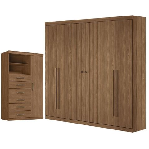 Guarda Roupa Casal Ripado Buriti 6 Portas de Bater 4 Gavetas MDF-MDP com Cômoda Marabá Jatobá