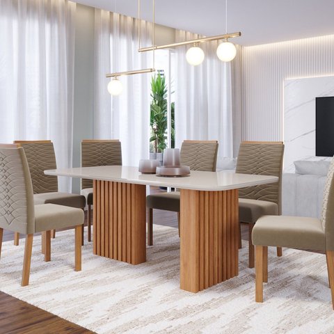 Conjunto Sala de Jantar 6 Lugares Retangular Tampo de Vidro/MDF Ester Cadeiras Clarice Marrom/Cinamo