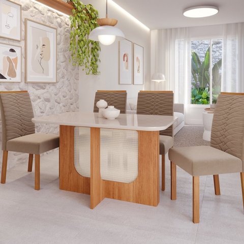 Sala de Jantar Louise 1,30 com 4 Cadeiras Clarice Marrom/Cinamomo/Offwhite/Joli