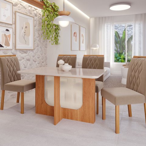 Sala de Jantar Louise 1,30 com 4 Cadeiras Juliana Marrom/Cinamomo/Offwhite/Joli