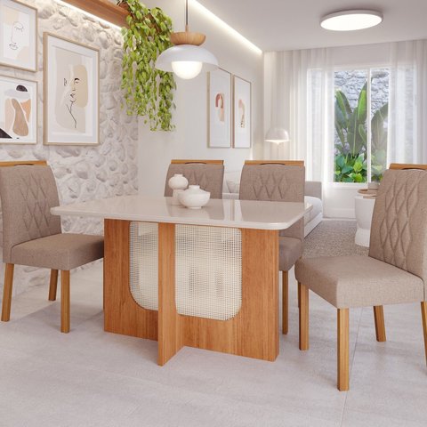 Sala de Jantar Louise 1,30 com 4 Cadeiras Juliana Marrom/Cinamomo/Offwhite/Bege