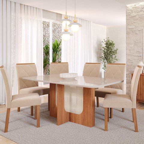 Sala de Jantar Louise 1,60cm com 6 Cadeiras Fernanda Marrom/Cinamomo/Offwhite/Madeira/Nude