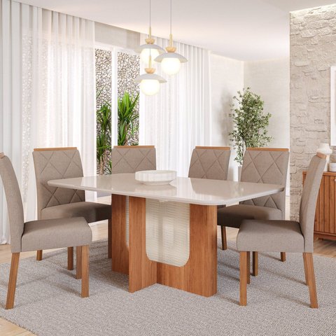 Sala de Jantar Louise 1,60cm com 6 Cadeiras Fernanda Marrom/Cinamomo/Off White/Madeira/Bege