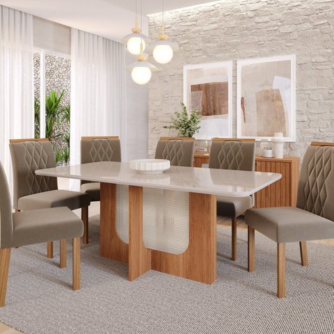 Sala de Jantar Louise 1,80cm com 6 Cadeiras Juliana Marrom/Cinamomo/Off White/Madeira/Joli