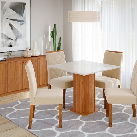 Sala de Jantar Sophia 95 x 95cm com 4 Cadeiras Fernanda Marrom/Cinamomo/Offwhite/Nude