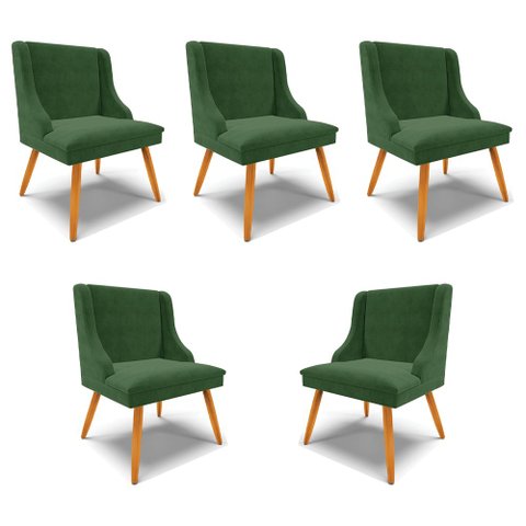 Kit 5 Cadeiras Decorativas Sala de Jantar Pés Palito de Madeira Firenze Suede Verde Esmeralda/Natura