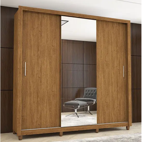 Guarda Roupa Casal com Espellho 3 Portas de Correr 4 Gavetas com Pés 186cm Clarice Cinamomo - Carioca Móveis