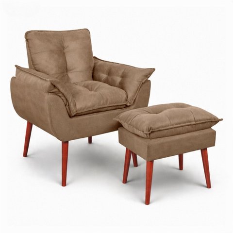Poltrona Moderna + Puff Opala Decorativo em Suede Capuccino