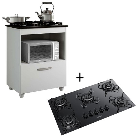Kit Balcão 1 Porta Salvia Mais Cooktop Fogão Itatiaia Essencial 5 Bocas Bivolt Preto