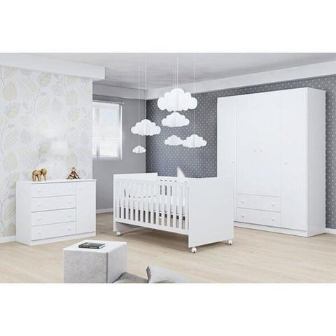 Jogo de Quarto Infantil com Guarda-Roupa 4 Portas + Cômoda + Berço 100 - Phoenix Baby