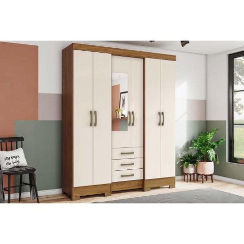 Guarda Roupa Solteiro 6 Portas e 3 Gavetas C/ Espelho e Pés Briz B23 Nature/off White - Henn