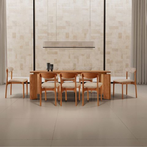 Sala de Jantar Mesa Nala 220cm Tampo Laminado Canto Moeda com 8 Cadeiras Noronha