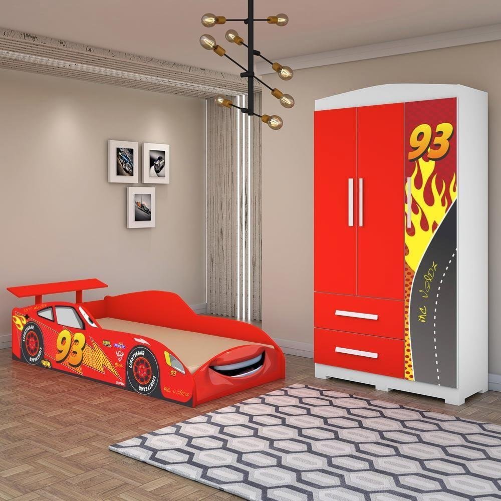 Quarto Infantil Menino Carro McVeloz Com Cama e Guarda Roupa