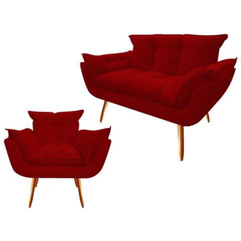 Kit Namoradeira + Poltrona Decorativa Opala Suede Vermelho Pés Madeira Mz Decor