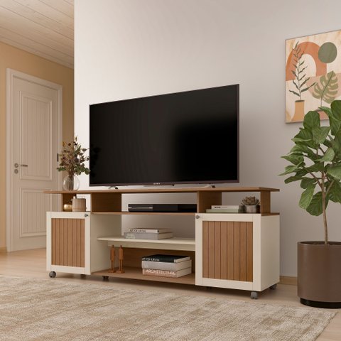 Rack Ripado para TV até 75 Polegadas MDF 180cm e Rodízios Ipanema Marrom