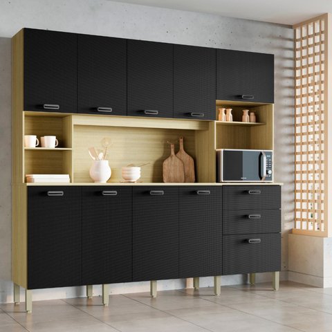 Armário para Cozinha 10 Portas 2 Gavetas Balcão com Tampo Intense Preto/Freijó/Nero