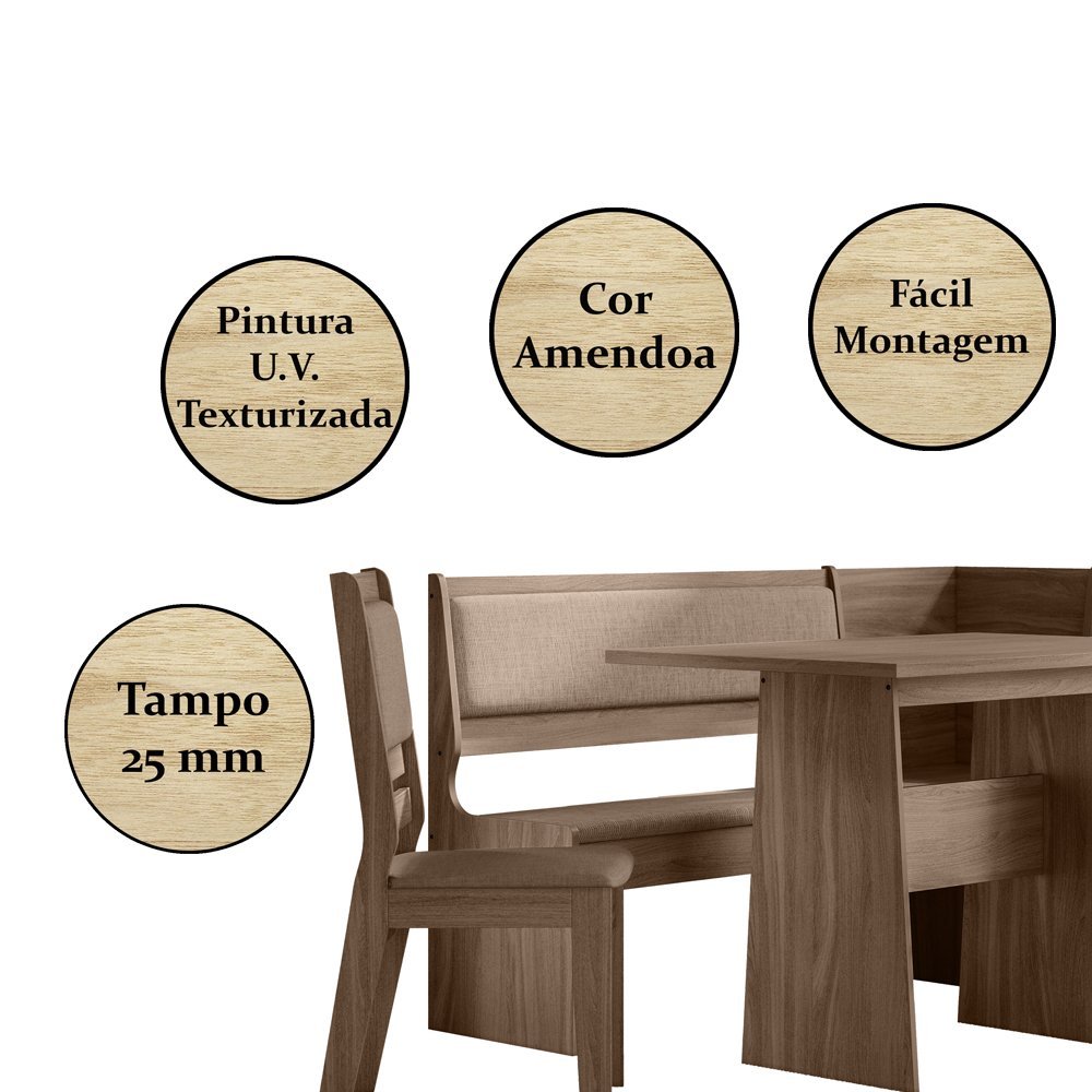 Conjunto Mesa Canto Alemão 2 cadeiras Afrodite Amendoa - 6