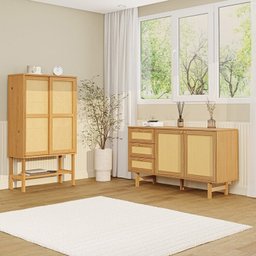 Kit Buffet 2 Portas 3 Gavetas Rattan e Cristaleira Porta Rattan Magna Cabecasa Madeiramadeira - 1