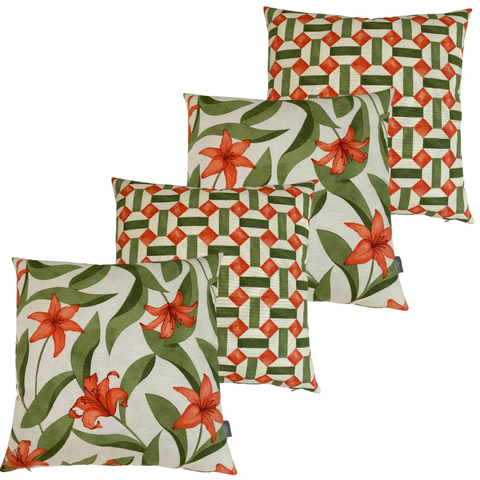 Kit 4 Capa de Almofada Belize Folhas Verde Flor Laranja Geométrica Impermeável 45CMX45CM