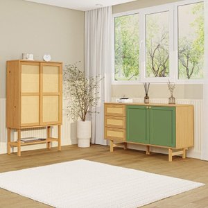 Kit Buffet 2 Portas Laca 3 Gavetas Rattan com Cristaleira Porta Rattan Magna Cabecasa Madeiramadeira