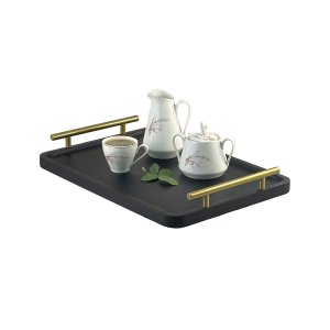 Bandeja Cantinho do Café Decorativa para Servir Bebidas 28x40:preto Fosco/dourado