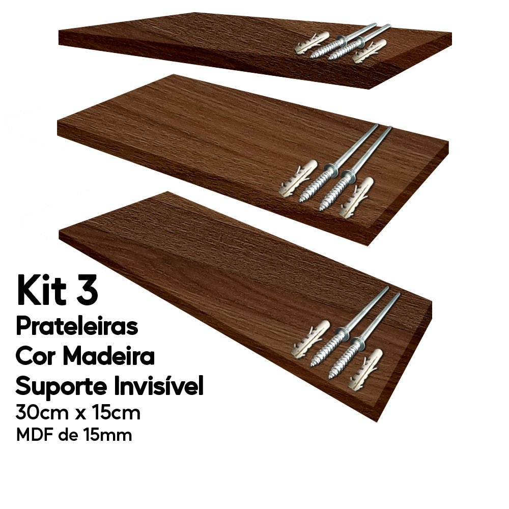 Kit 3 Prateleiras Cor Madeira Mdf 30x15 Suporte Invisível Arte na Arte Prateleira Suporte invisível