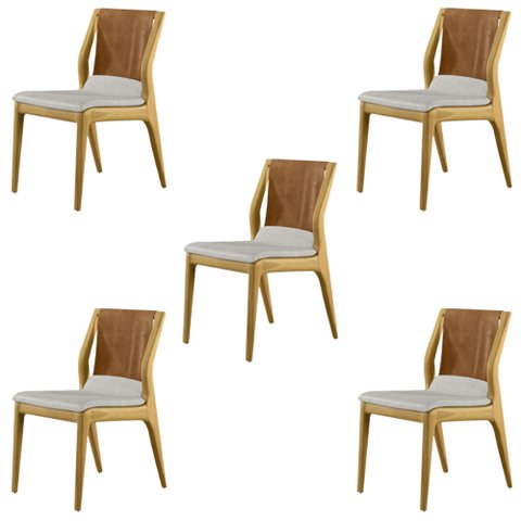 Kit 5 Cadeiras Decorativas Sala de Jantar Madeira Maciça Bruyne PU/Linho Marrom/Bege - Gran Belo