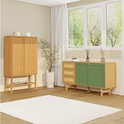 Kit Buffet 2 Portas Laca 3 Gavetas Rattan com Cristaleira Porta Ripada Magna Cabecasa Madeiramadeira - 1