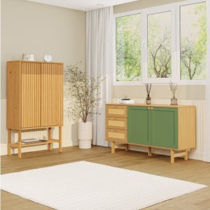 Kit Buffet 2 Portas Laca 3 Gavetas Rattan com Cristaleira Porta Ripada Magna Cabecasa Madeiramadeira