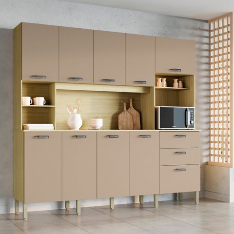 Armário para Cozinha 10 Portas 2 Gavetas Balcão com Tampo Intense Bege/Freijó/Vanilla