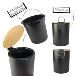 Lixeira de Inox Preta com Tampa de Bambu 5 Litros - Estilo e Funcionalidade - 5
