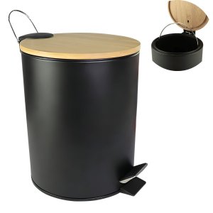 Lixeira de Inox Preta com Tampa de Bambu 5 Litros - Estilo e Funcionalidade