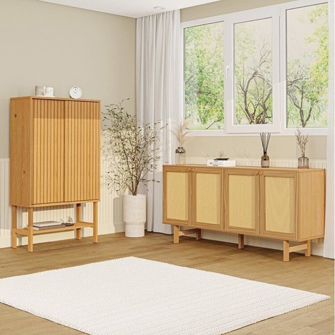 Kit Balcão 4 Portas Rattan com Cristaleira Porta Ripada Magna CabeCasa MadeiraOriginals