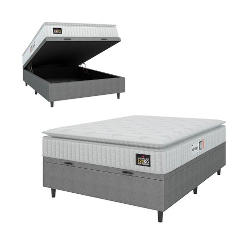Cama Box Baú Colchão Casal Espuma D33 Vangogh Pillow Top 138x188x70cm Branco / Cinza Hellen