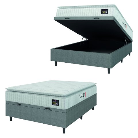 Cama Box Baú Colchão Casal Espuma D33 Vangogh Pillow Top 138x188x70cm Branco / Cinza Hellen