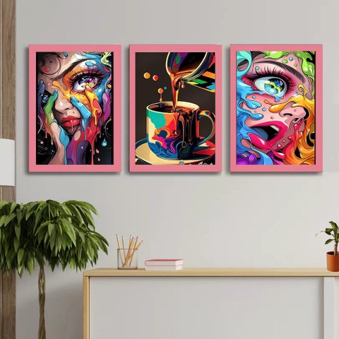 Quadro Decorativo Coffe Web Color Gourmet + Vidro 33x25 3pç:rosa