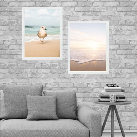 Kit 2 Quadros Nascer do Sol na Praia 24x18cm - com Vidro:madeira Preta