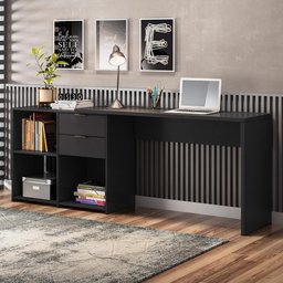 Mesa de Escritório Escrivaninha com Tampo Giratório para Computador Home Office 2 Gavetas Preta - 2