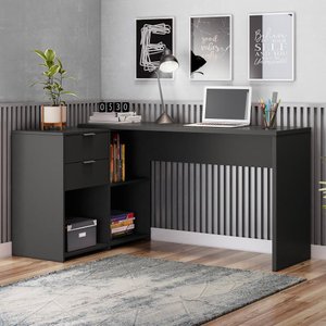 Mesa de Escritório Escrivaninha com Tampo Giratório para Computador Home Office 2 Gavetas Preta