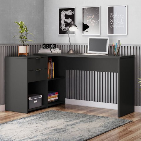 Mesa de Escritório Escrivaninha com Tampo Giratório para Computador Home Office 2 Gavetas Preta