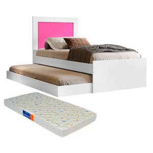 Bicama Solteiro Com Cama Auxiliar Bibox com Colchão Luara Branco/Rosa