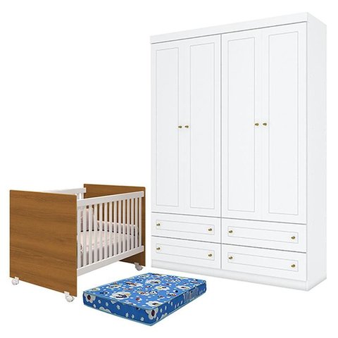 Berço Nacional Mel Branco Savana – Reller e Guarda Roupa Infantil Americano 4 Portas Branco Hp e Col