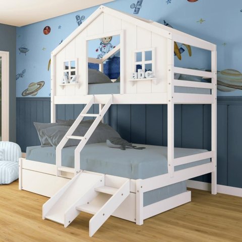 Treliche Casal/ Solteiro Casinha Dos Sonhos Kit Escada/ Escorregador Madeira Maciça Branco